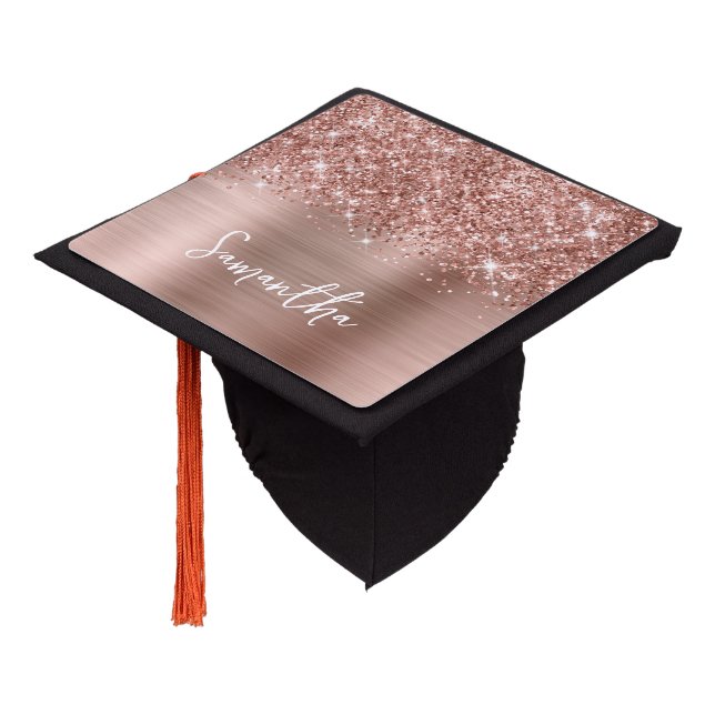 Glittery Rose Gold Glam Name Graduation Cap Topper (Angled)