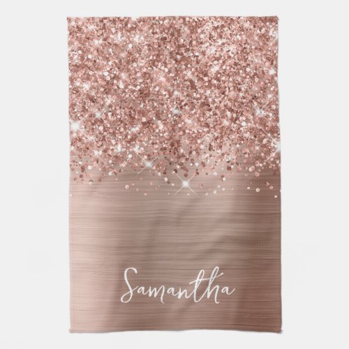 Glittery Rose Gold Glam Name Kitchen Towel