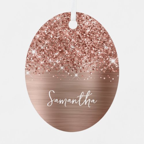 Glittery Rose Gold Glam Name Oval Photo Metal Ornament
