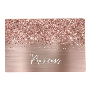 Glittery Rose Gold Glam Name Pet Food Mat