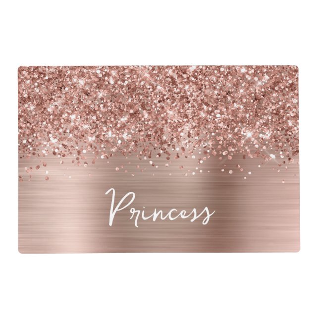 Glittery Rose Gold Glam Name Pet Food Mat (Front)