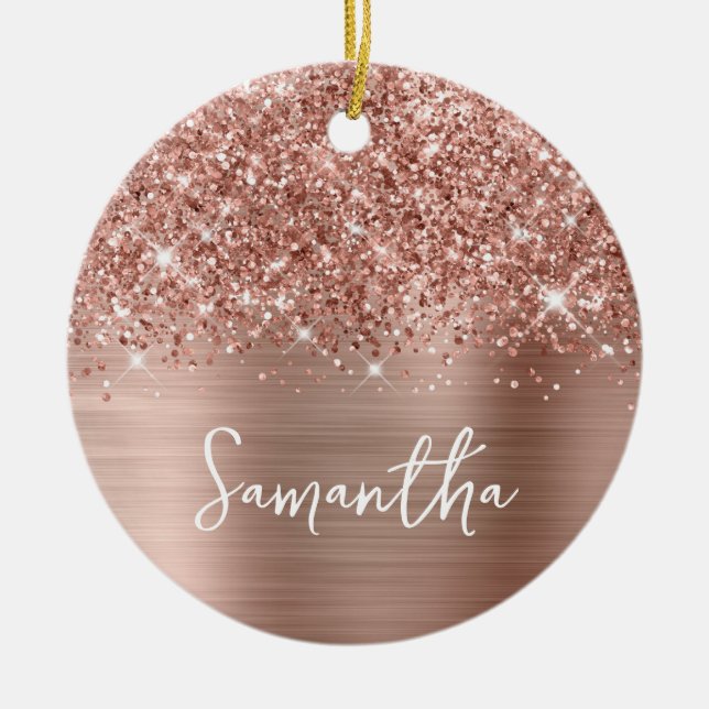 Glittery Rose Gold Glam Name Photo Ceramic Ornament (Front)