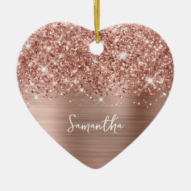Glittery Rose Gold Glam Name Photo Ceramic Ornament (Front)