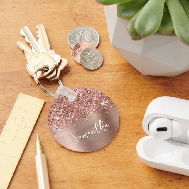Glittery Rose Gold Glam Name Photo Keychain (Desk)