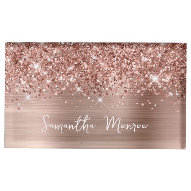Glittery Rose Gold Glam Name Place Card Holder (Front)