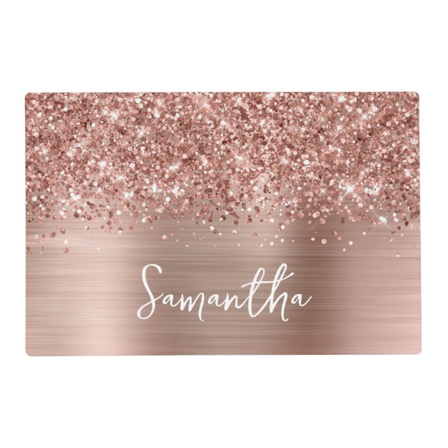 Glittery Rose Gold Glam Name Placemat (Front)