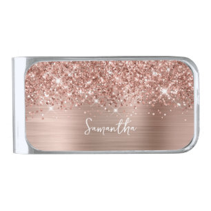 Glittery Rose Gold Glam Name Silver Finish Money Clip