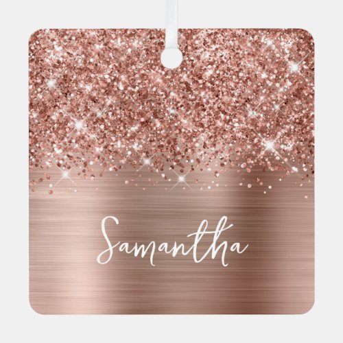 Glittery Rose Gold Glam Name Square Photo Metal Ornament