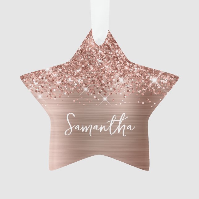 Glittery Rose Gold Glam Name Star Ornament (Front)