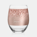 Glittery Rose Gold Glam Name Stemless Wine Glass