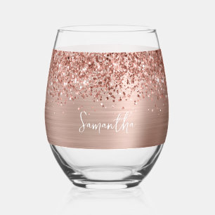 Glittery Rose Gold Glam Name Stemless Wine Glass