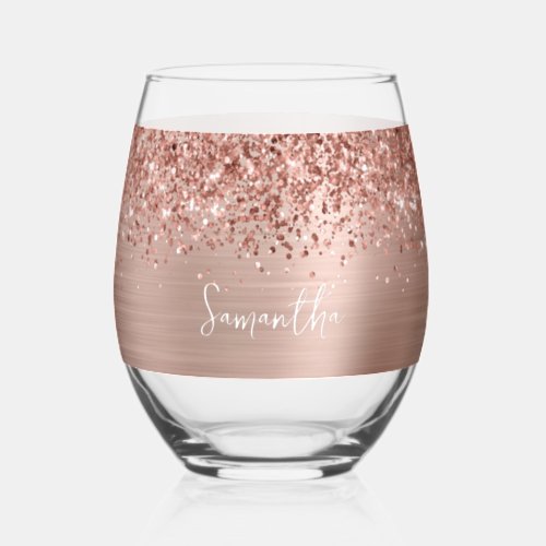 Glittery Rose Gold Glam Name Stemless Wine Glass