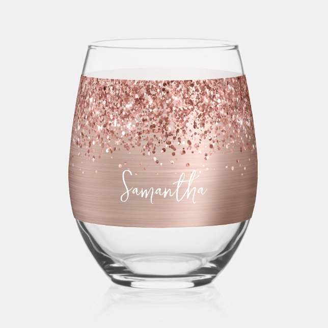 Glittery Rose Gold Glam Name Stemless Wine Glass (Front)