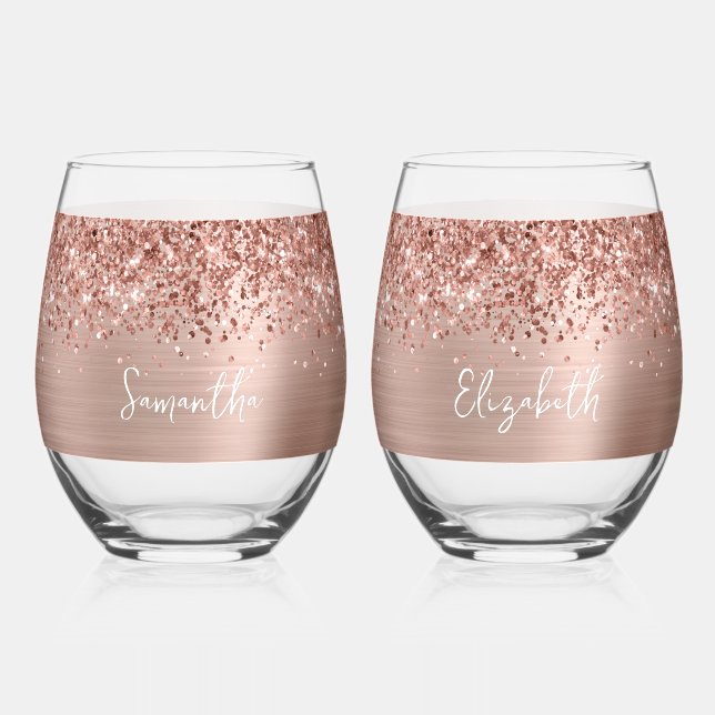 Glittery Rose Gold Glam Name Stemless Wine Glass (Front)