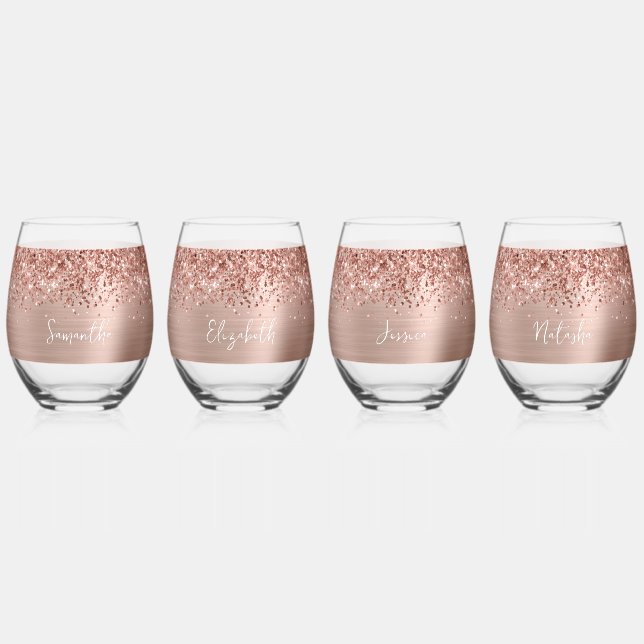 Glittery Rose Gold Glam Name Stemless Wine Glass (Front)