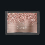 Glittery Rose Gold Glam Name Trifold Wallet<br><div class="desc">Customize the modern handwritten style script to create your own wallet.
Add a monogram initial to create a first name initial combination.
Girly faux blush pink and rose gold glitter and brushed metal foil digital art (it will print like a photo on your modern case).
Girl boss stocking stuffer.</div>