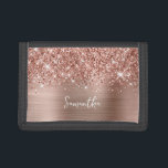 Glittery Rose Gold Glam Name Trifold Wallet<br><div class="desc">Customize the modern handwritten style script to create your own wallet.
Add a monogram initial to create a first name initial combination.
Girly faux blush pink and rose gold glitter and brushed metal foil digital art (it will print like a photo on your modern case).
Girl boss stocking stuffer.</div>