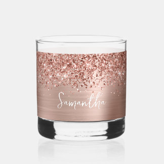 Glittery Rose Gold Glam Name Whiskey Glass