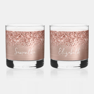 Glittery Rose Gold Glam Name Whiskey Glass