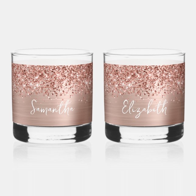 Glittery Rose Gold Glam Name Whiskey Glass (Front)