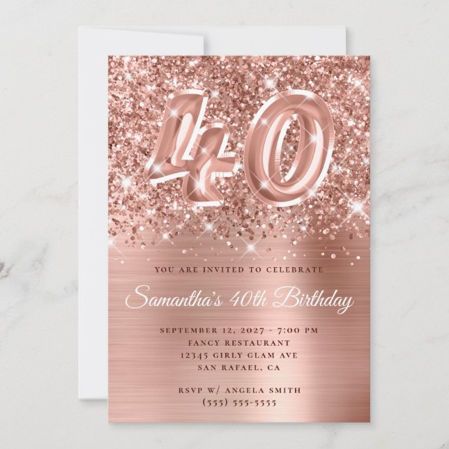 Glittery Rose Gold Glam Number 40th Birthday Invitation (Front)