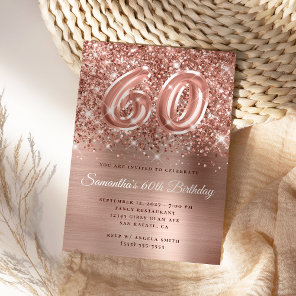 Glittery Rose Gold Glam Number 60th Birthday Invitation