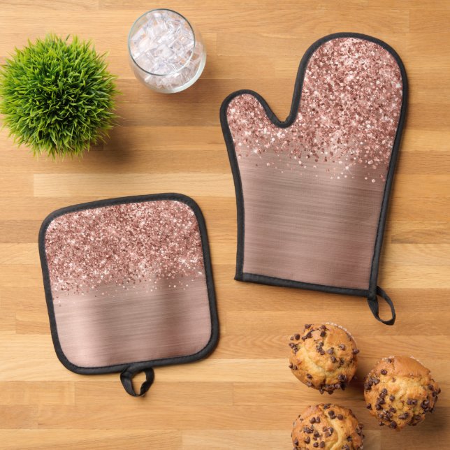Glittery Rose Gold Glam Oven Mitt & Pot Holder Set (Top Down)