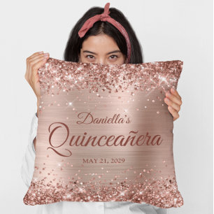 Glittery Rose Gold Glam Quinceanera Photo Throw Pillow