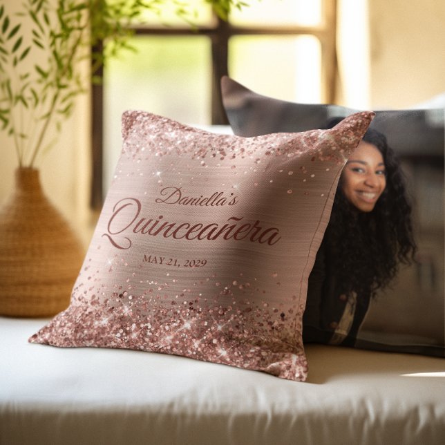 Glittery Rose Gold Glam Quinceanera Photo Throw Pillow (Glittery Rose Gold Glam Quinceanera Photo Throw Pillow)