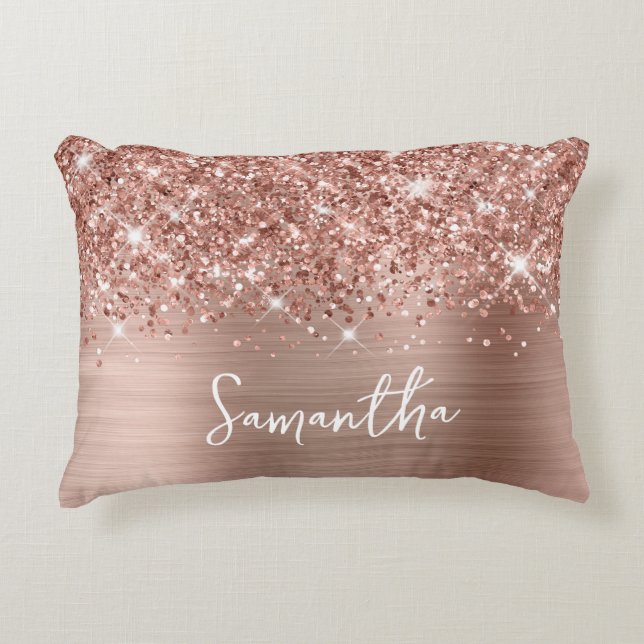 Glittery Rose Gold Glam Script Name Accent Pillow (Front)