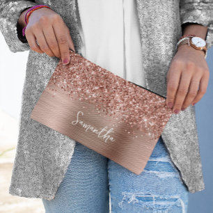 Glittery Rose Gold Glam Script Name Accessory Pouch