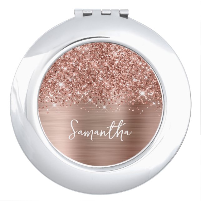 Glittery Rose Gold Glam Script Name Compact Mirror (Front)