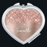 Glittery Rose Gold Glam Script Name Compact Mirror<br><div class="desc">Customize the modern handwritten style calligraphy script to create your own heart shaped makeup compact. Add a monogram initial to create a first name initial combination. There are many nice font styles to personalize this design. Girly faux blush pink and rose gold glitter and brushed metal foil digital art (it...</div>