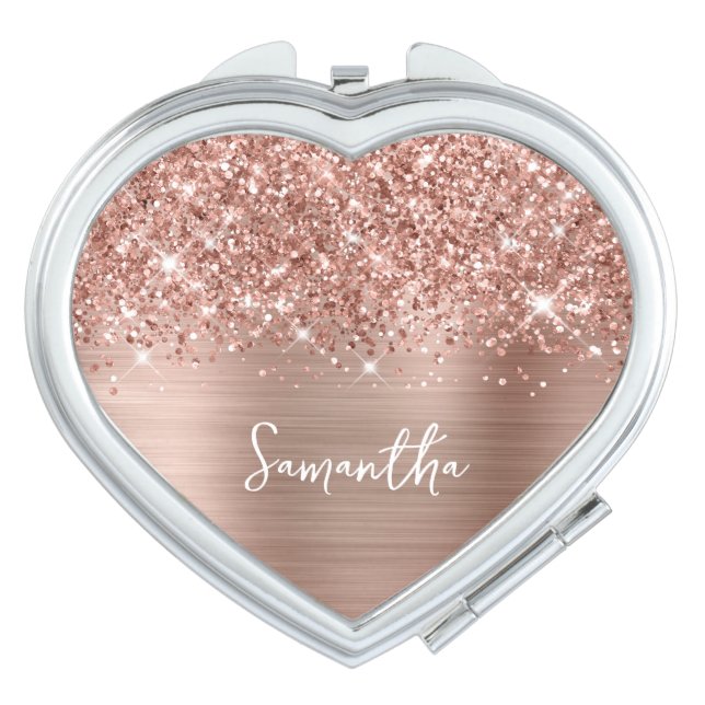 Glittery Rose Gold Glam Script Name Compact Mirror (Front)