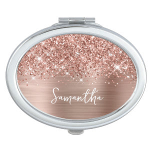 Glittery Rose Gold Glam Script Name Compact Mirror
