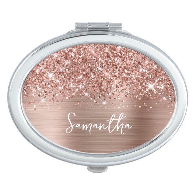 Glittery Rose Gold Glam Script Name Compact Mirror (Front)