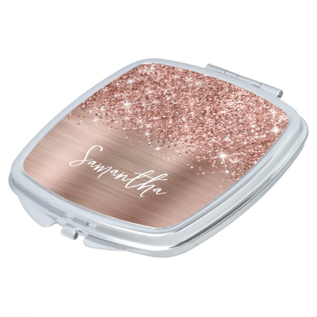 Glittery Rose Gold Glam Script Name Compact Mirror (Turned)