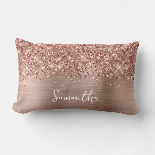 Glittery Rose Gold Glam Script Name Lumbar Pillow (Front)