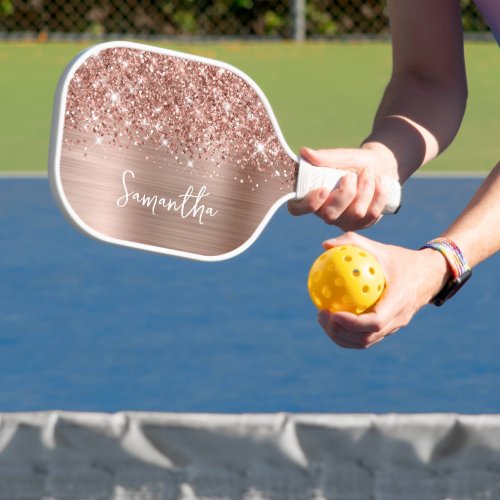 Glittery Rose Gold Glam Script Name Pickleball Paddle