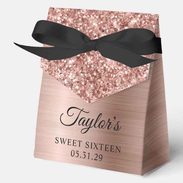 Glittery Rose Gold Glam Sweet Sixteen Favor Boxes (Front)