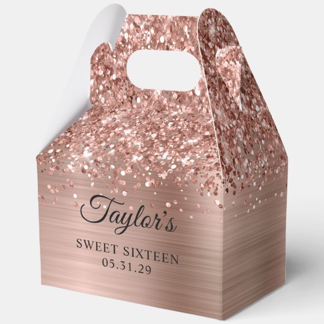 Glittery Rose Gold Glam Sweet Sixteen Favor Boxes (Front)
