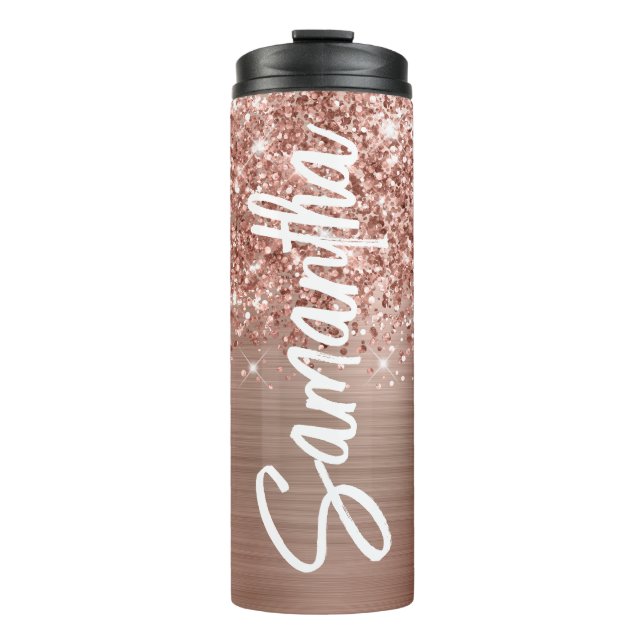 Glittery Rose Gold Glam Vertical Name Personalized Thermal Tumbler (Front)