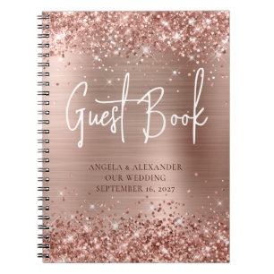 Glittery Rose Gold Glam Wedding Guestbook Notebook