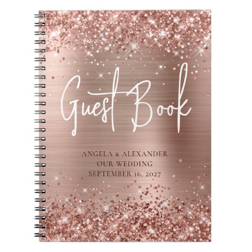 Glittery Rose Gold Glam Wedding Guestbook Notebook