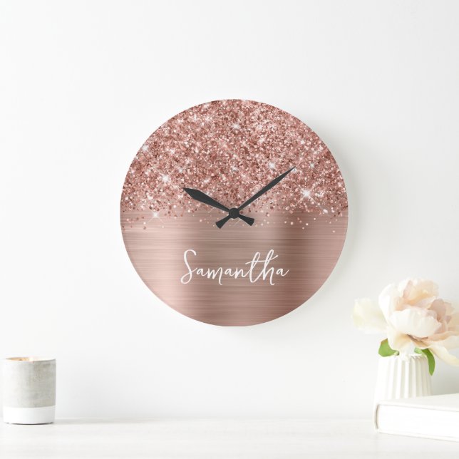Glittery Rose Gold Glam White Script Name Large Clock (Home)