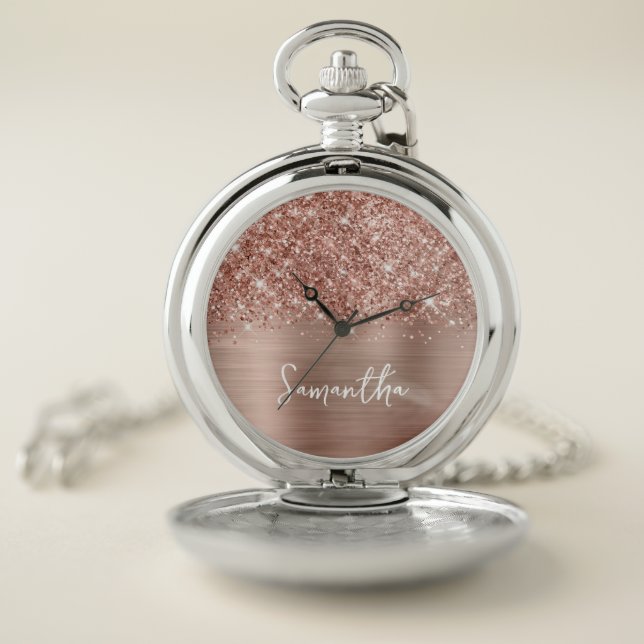 Glittery Rose Gold Glam White Script Name Pocket Watch (Inside)