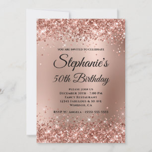 Glittery Rose Gold Gradient Monogram 50th Birthday Invitation
