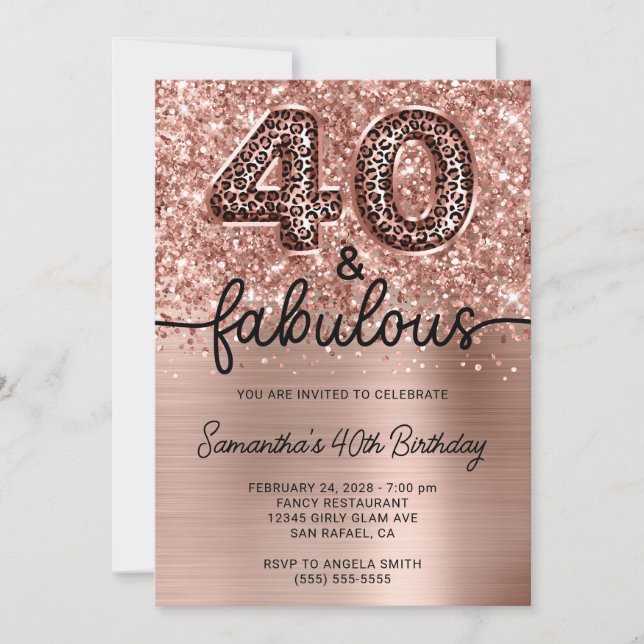 Glittery Rose Gold Leopard 40 and Fabulous Invitation (Front)