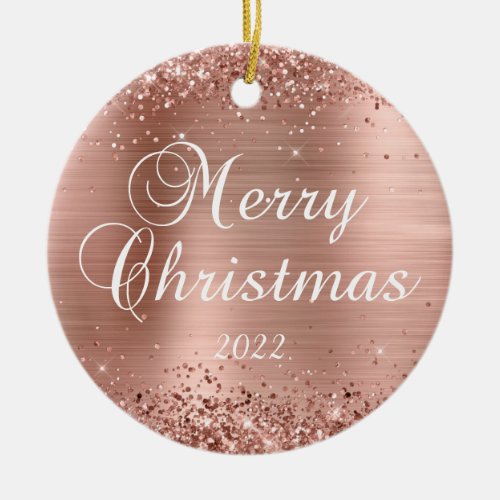 Glittery Rose Gold Merry Christmas Family Photo Ceramic Ornament