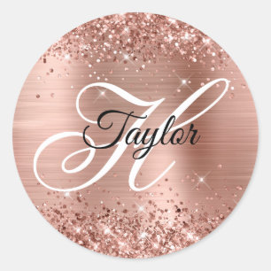 Glittery Rose Gold Metallic Fancy Monogram Classic Round Sticker